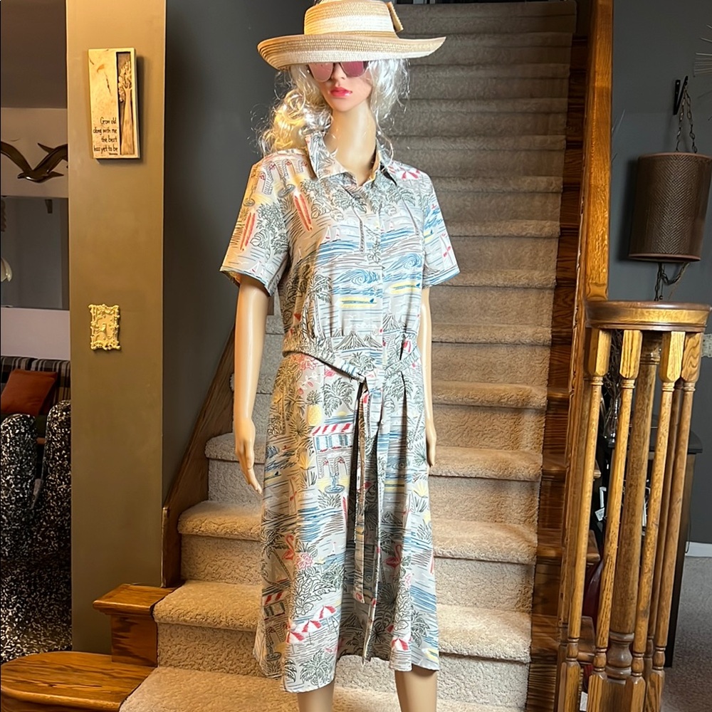 D & Co. Vacation Tropical Theme Short-Sleeve Women's Midi Dress w/Belt